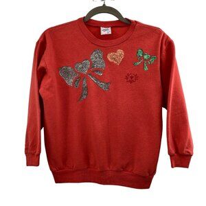 Vintage Red Glitter Bow & Heart Womens S? Sweatshirt | Festive Holiday Retro